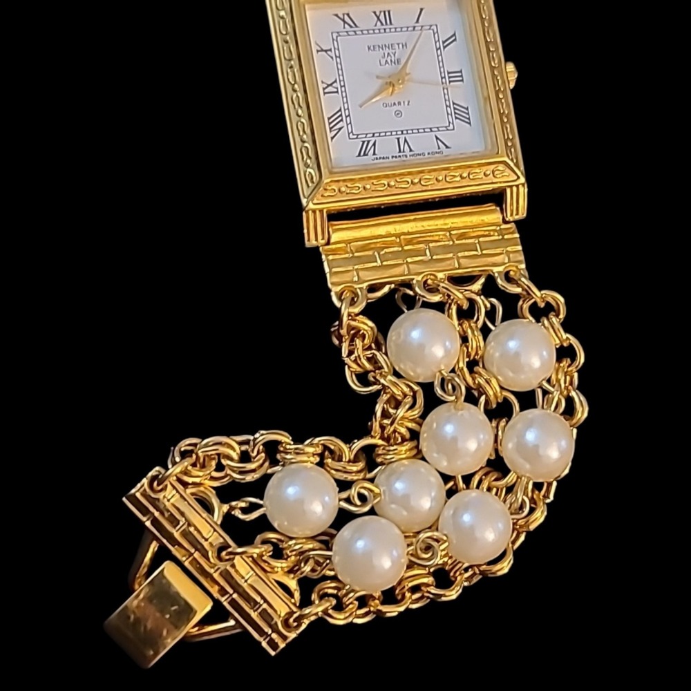 Vintage Kenneth Jay Lane Faux Pearl Multi Strand Bracelet Watch KJL New Battery - Picture 4 of 12